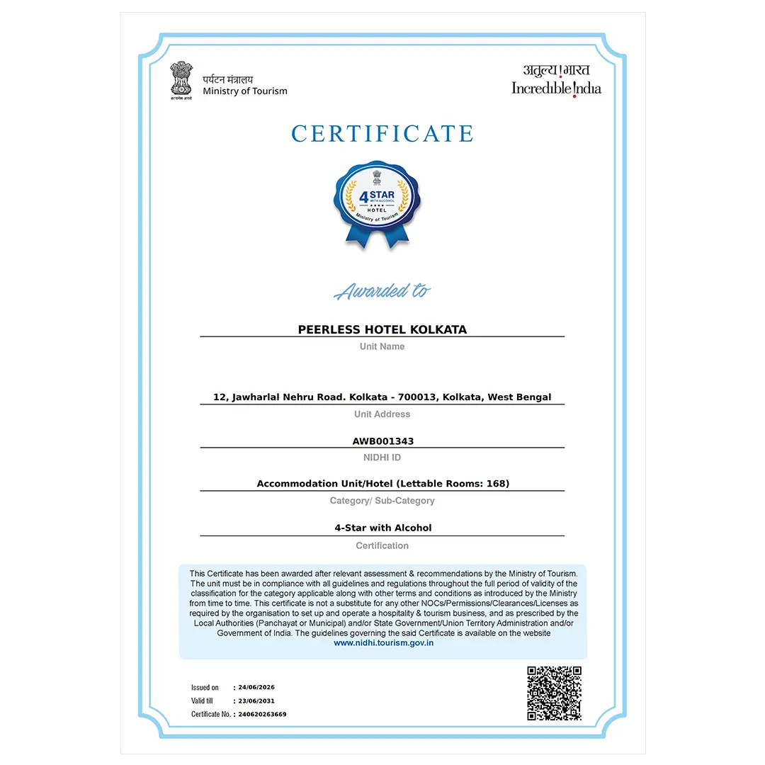 Peerless Hotel Kolkata 4-Star Classification Certificate